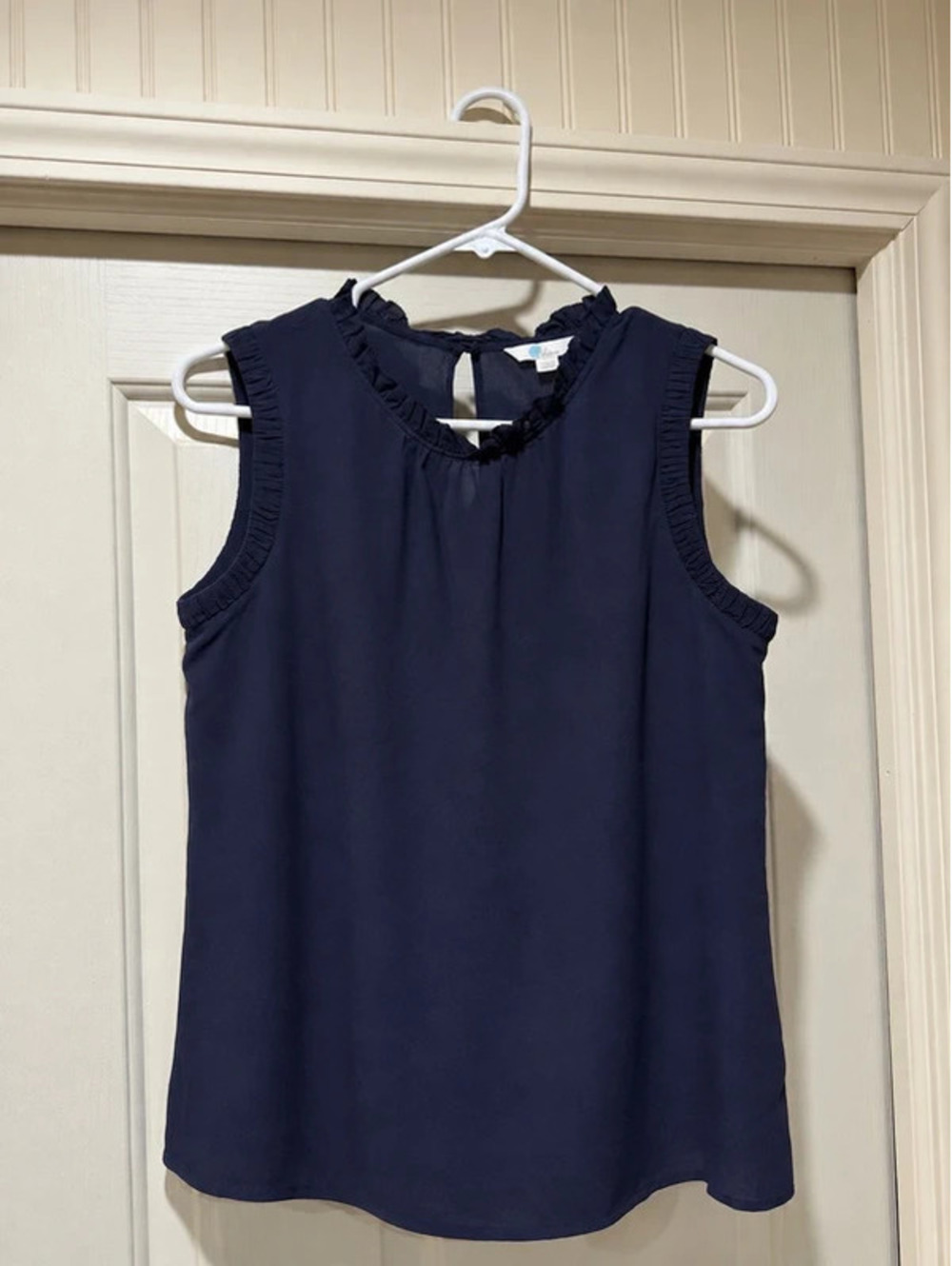Boden Navy 100% Silk Ruffle Trim Sleeveless Blouse Keyhole Back